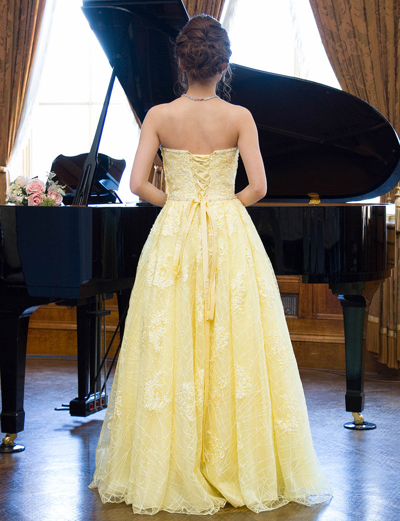 TWEED DRESS(ツイードドレス)のレモンイエローロングドレス・チュール｜TD1802-LYWの全身背面画像です。