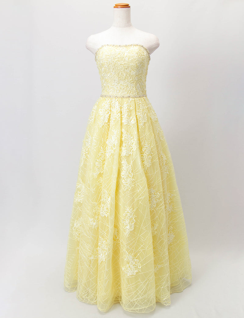 TWEED DRESS(ツイードドレス)のレモンイエローロングドレス・チュール｜TD1802-LYWのトルソー全身正面画像です。