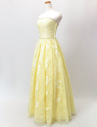 TWEED DRESS(ツイードドレス)のレモンイエローロングドレス・チュール｜TD1802-LYWのトルソー全身斜め画像です。