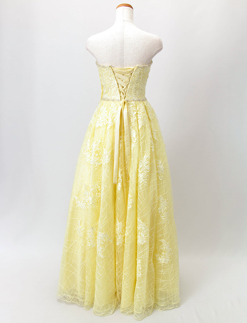 TWEED DRESS(ツイードドレス)のレモンイエローロングドレス・チュール｜TD1802-LYWのトルソー全身背面画像です。