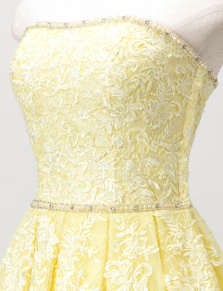 TWEED DRESS(ツイードドレス)のレモンイエローロングドレス・チュール｜TD1802-LYWのトルソー上半身斜め画像です。