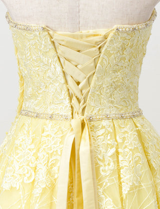 TWEED DRESS(ツイードドレス)のレモンイエローロングドレス・チュール｜TD1802-LYWのトルソー上半身背面画像です。
