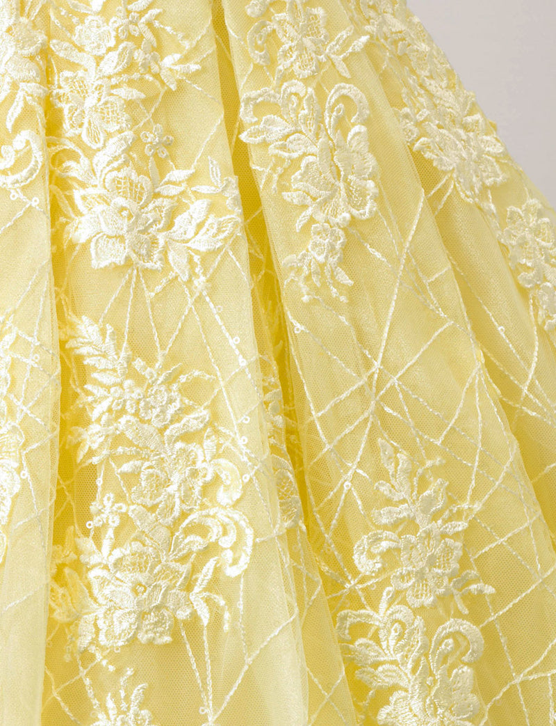 TWEED DRESS(ツイードドレス)のレモンイエローロングドレス・チュール｜TD1802-LYWのスカート生地拡大画像です。