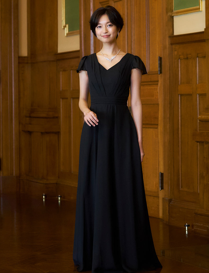 TWEED DRESS(ツイードドレス)のブラックロングドレス・シフォン｜TD1810-BKの全身正面画像です。