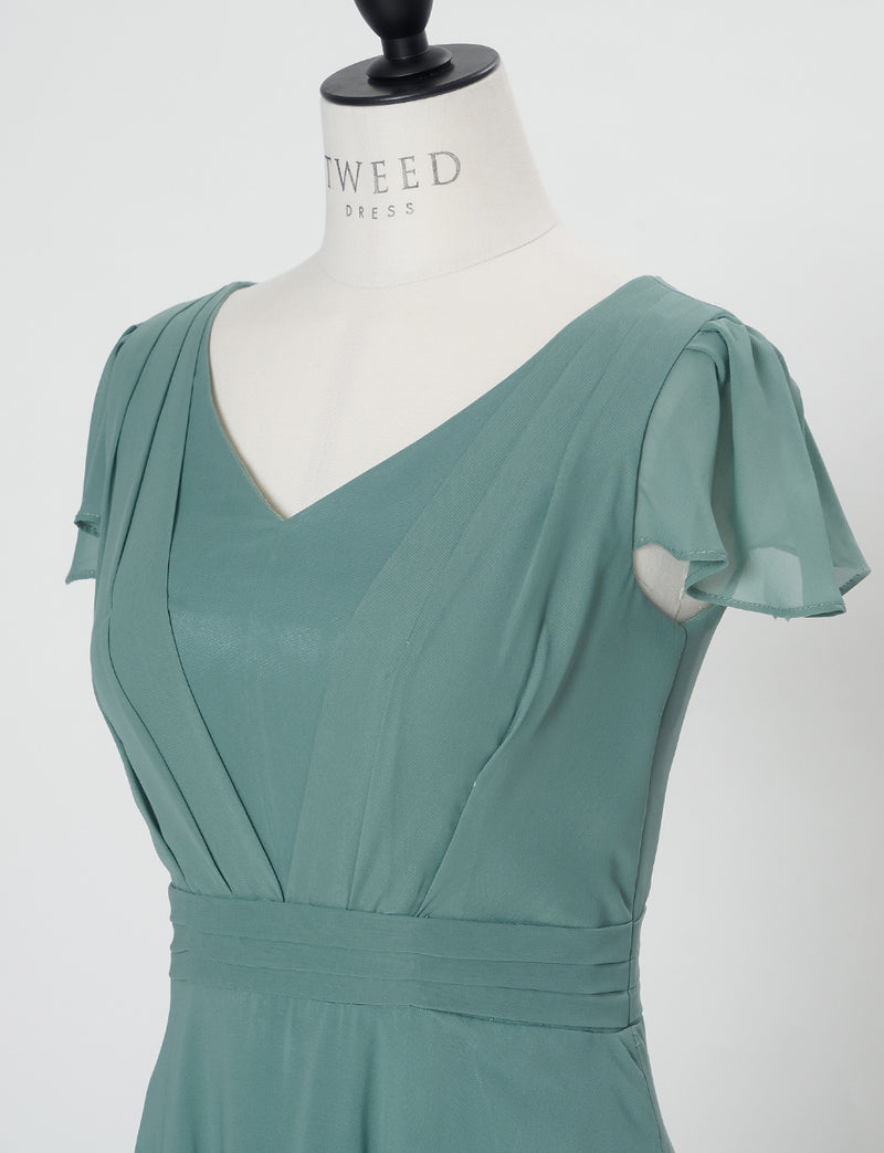 TWEED DRESS(ツイードドレス)のダークオリーブロングドレス・シフォン｜TD1810-DOVのトルソー上半身斜め画像です。
