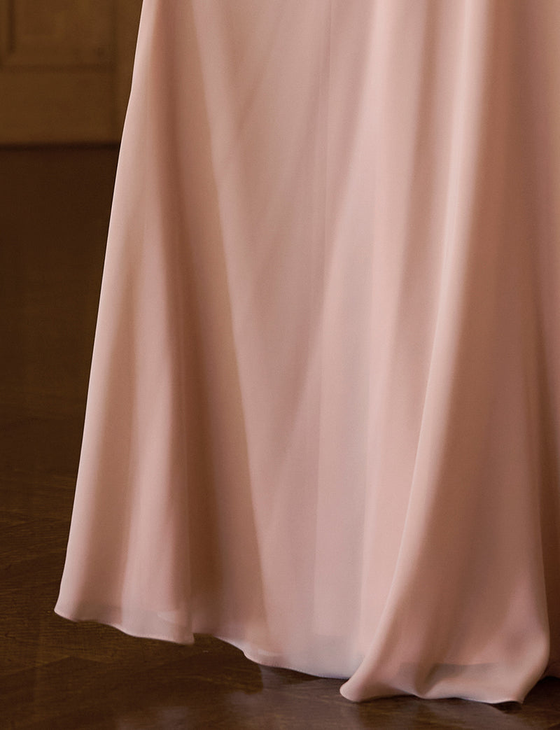 TWEED DRESS(ツイードドレス)のピンクベージュロングドレス・シフォン｜TD1810-PKBEのスカート裾拡大画像です。