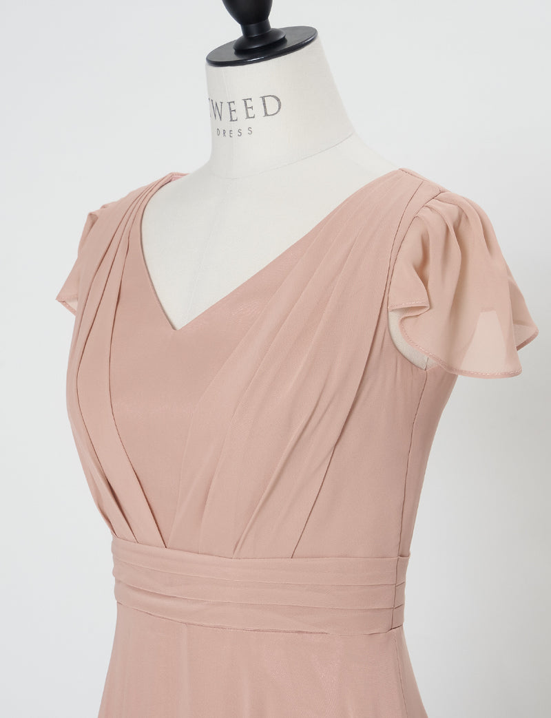 TWEED DRESS(ツイードドレス)のピンクベージュロングドレス・シフォン｜TD1810-PKBEのトルソー上半身斜め画像です。