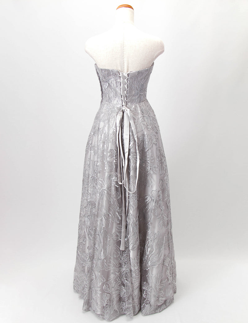 TWEED DRESS(ツイードドレス)のシルバーグレーロングドレス・チュール｜TD1811-SGYのトルソー全身背面画像です。