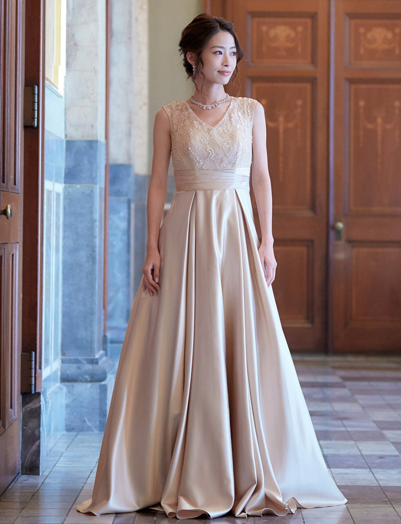 TWEED DRESS(ツイードドレス)のシャンパンゴールドロングドレス・サテン｜TD1812-CGDの全身正面画像です。