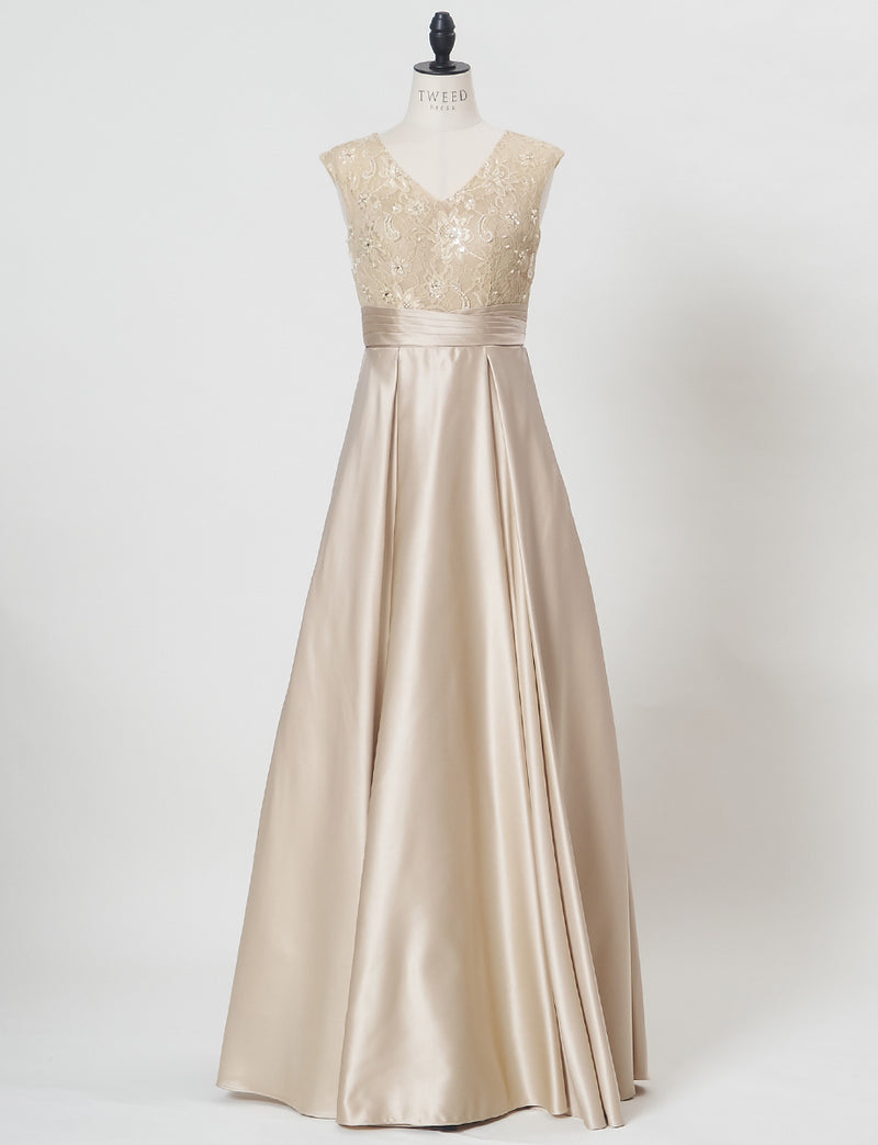TWEED DRESS(ツイードドレス)のシャンパンゴールドロングドレス・サテン｜TD1812-CGDのトルソー全身正面画像です。