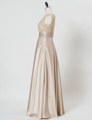 TWEED DRESS(ツイードドレス)のシャンパンゴールドロングドレス・サテン｜TD1812-CGDのトルソー全身側面画像です。