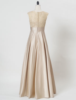 TWEED DRESS(ツイードドレス)のシャンパンゴールドロングドレス・サテン｜TD1812-CGDのトルソー全身背面画像です。
