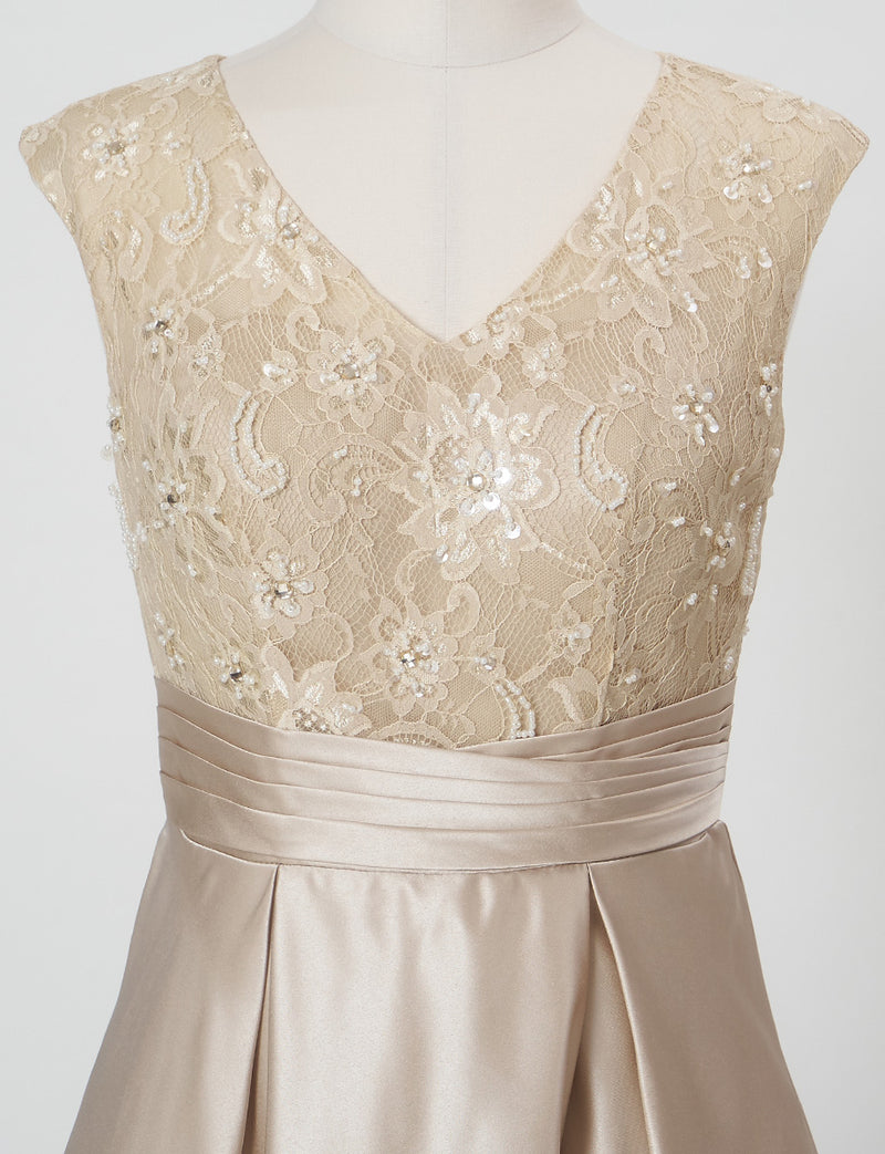 TWEED DRESS(ツイードドレス)のシャンパンゴールドロングドレス・サテン｜TD1812-CGDのトルソー上半身正面画像です。
