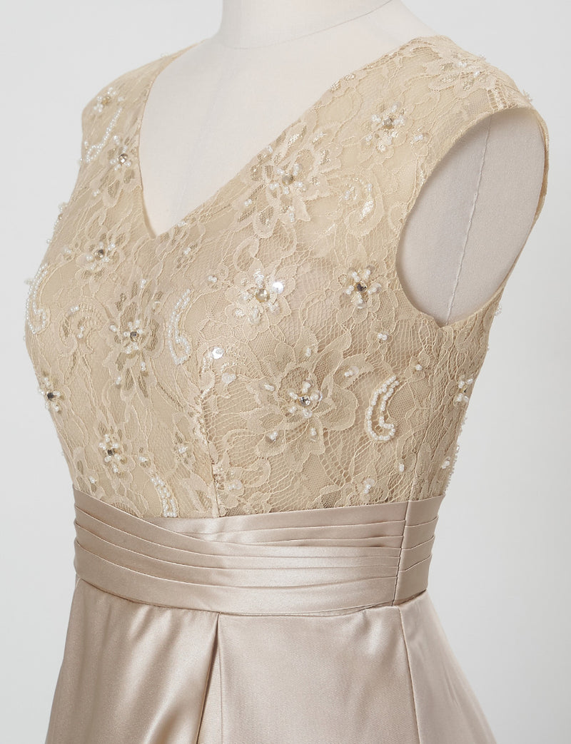 TWEED DRESS(ツイードドレス)のシャンパンゴールドロングドレス・サテン｜TD1812-CGDのトルソー上半身斜め画像です。