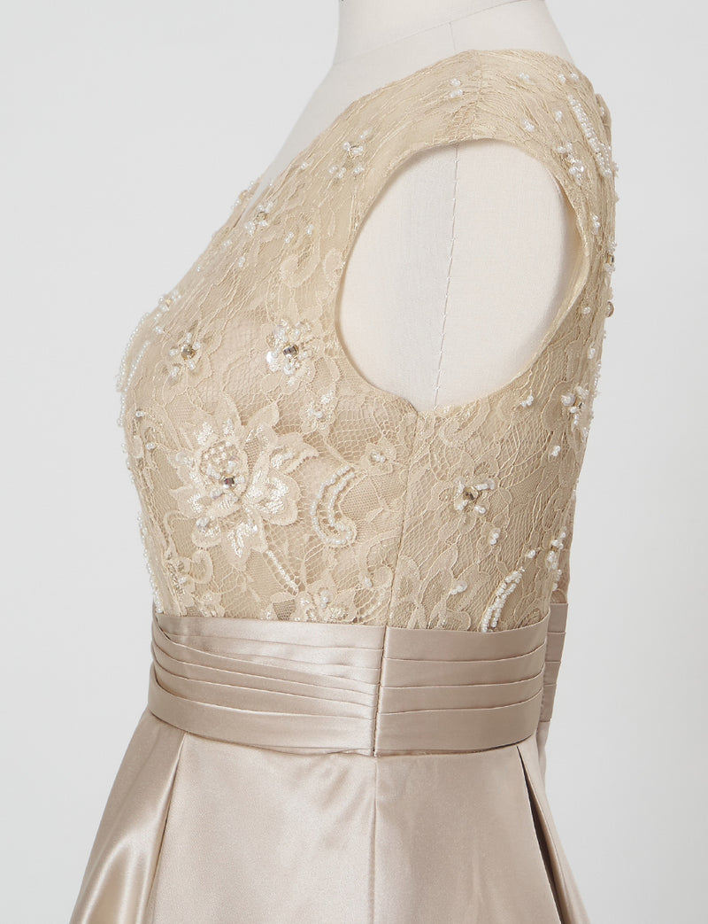 TWEED DRESS(ツイードドレス)のシャンパンゴールドロングドレス・サテン｜TD1812-CGDのトルソー上半身側面画像です。