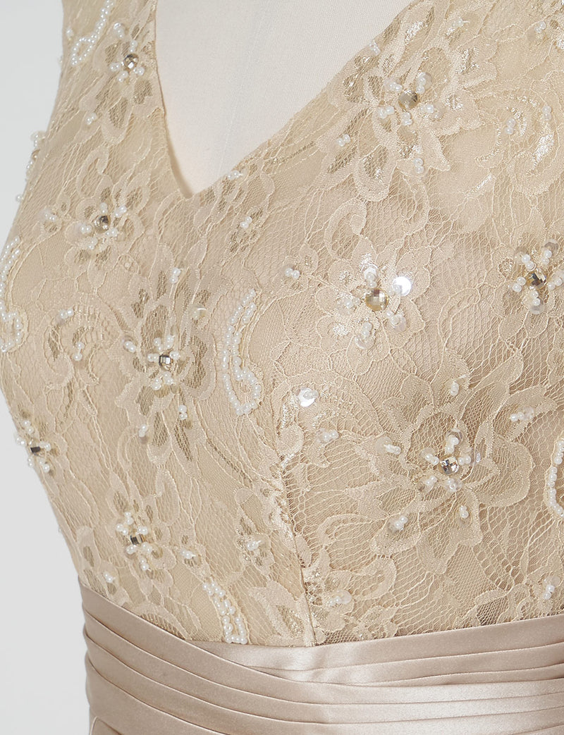 TWEED DRESS(ツイードドレス)のシャンパンゴールドロングドレス・サテン｜TD1812-CGDのトルソー上半身装飾拡大画像です。