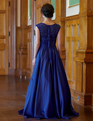 TWEED DRESS(ツイードドレス)のロイヤルブルーロングドレス・サテン｜TD1812-RBLの全身背面画像です。