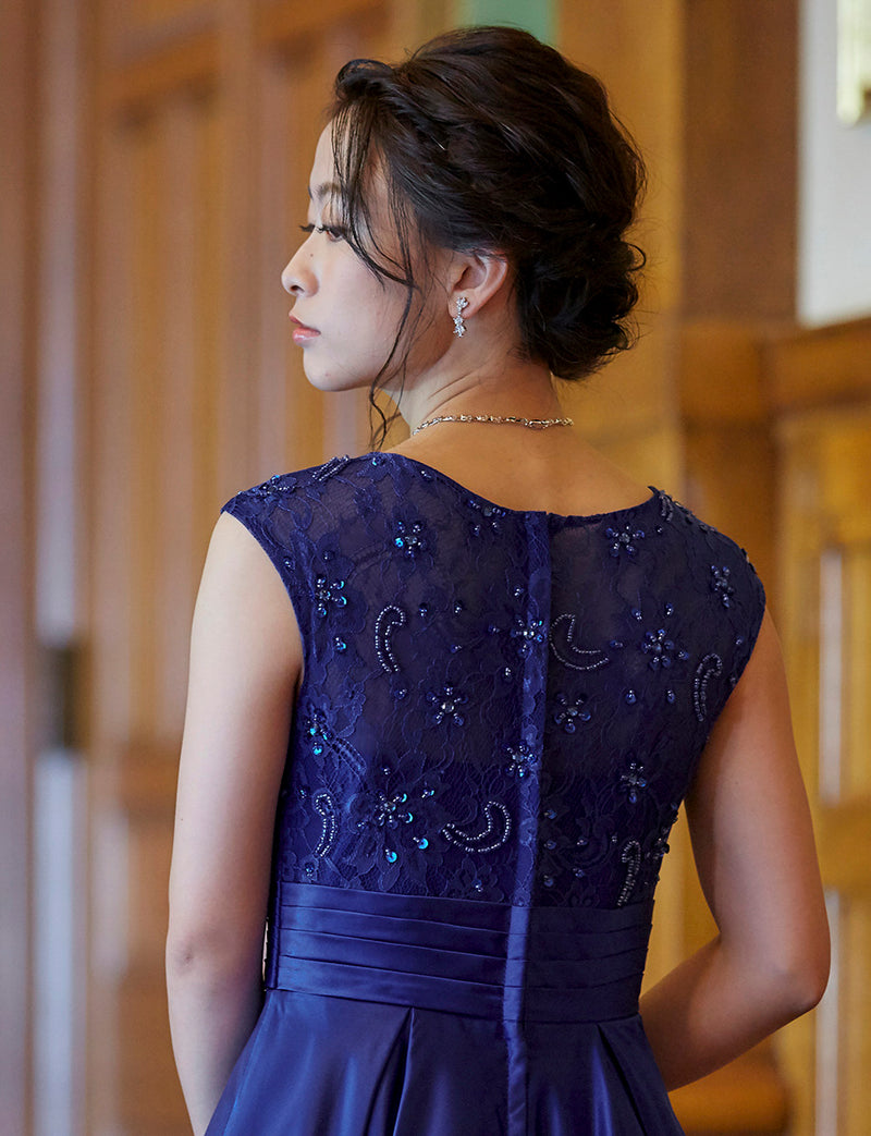 TWEED DRESS(ツイードドレス)のロイヤルブルーロングドレス・サテン｜TD1812-RBLの上半身背面画像です。