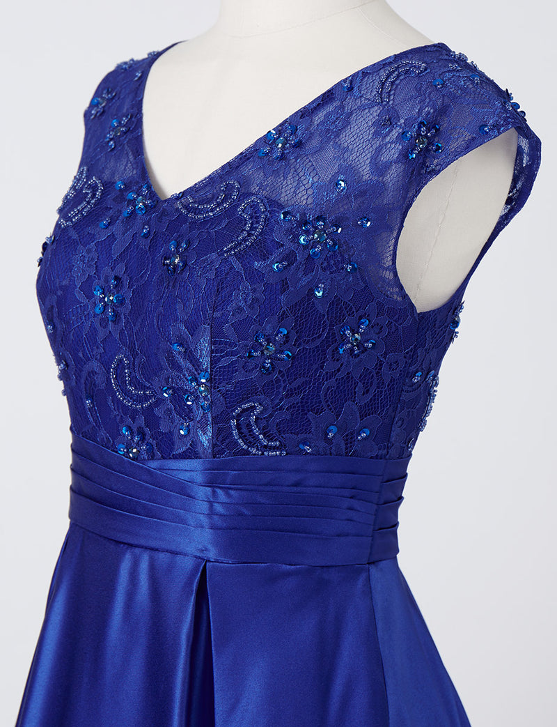 TWEED DRESS(ツイードドレス)のロイヤルブルーロングドレス・サテン｜TD1812-RBLのトルソー上半身斜め画像です。