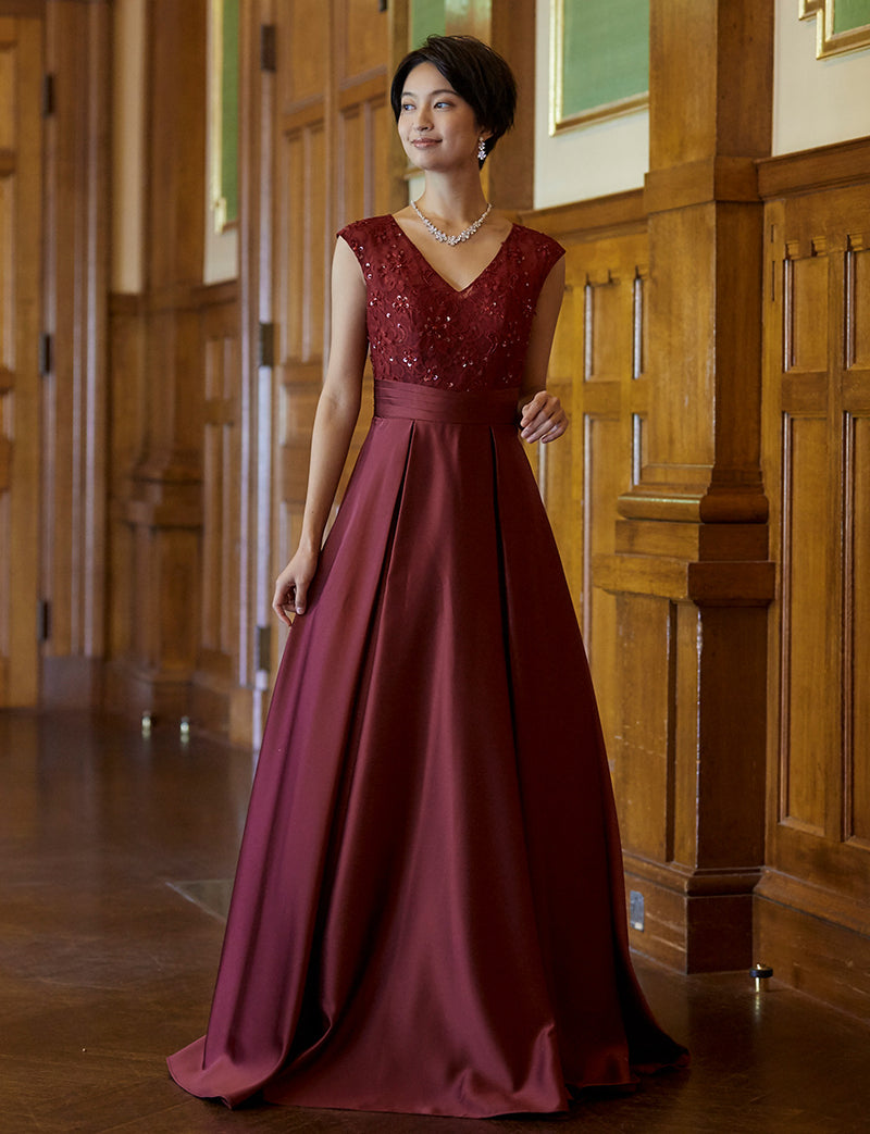 TWEED DRESS(ツイードドレス)のワインレッドロングドレス・サテン｜TD1812-WRDの全身正面画像です。