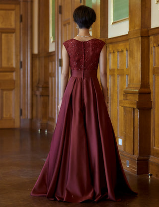 TWEED DRESS(ツイードドレス)のワインレッドロングドレス・サテン｜TD1812-WRDの全身背面画像です。