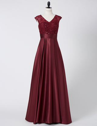 TWEED DRESS(ツイードドレス)のワインレッドロングドレス・サテン｜TD1812-WRDのトルソー全身正面画像です。