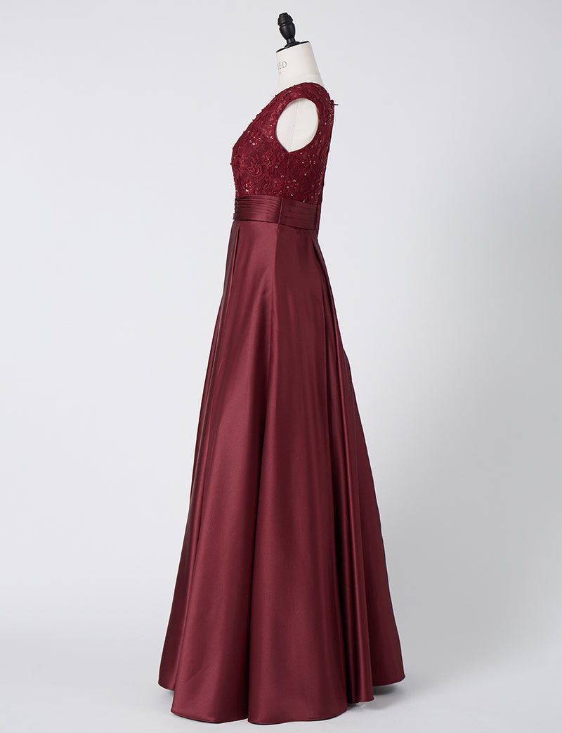 TWEED DRESS(ツイードドレス)のワインレッドロングドレス・サテン｜TD1812-WRDのトルソー全身側面画像です。