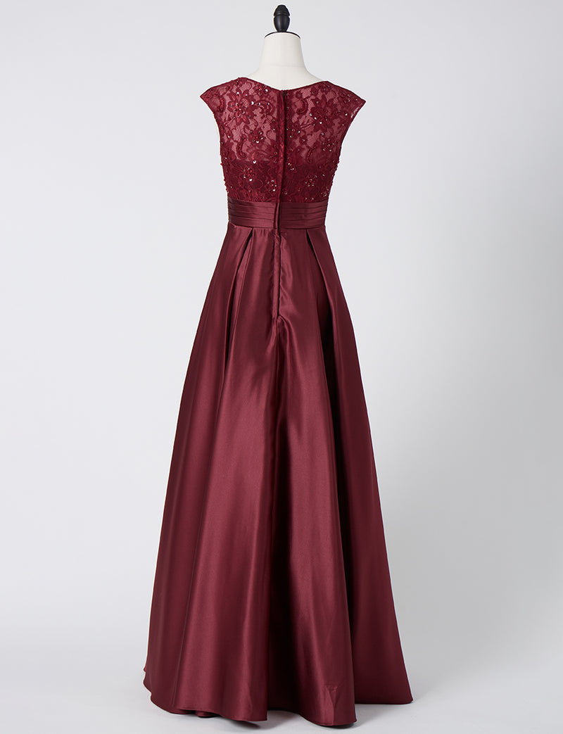 TWEED DRESS(ツイードドレス)のワインレッドロングドレス・サテン｜TD1812-WRDのトルソー全身背面画像です。