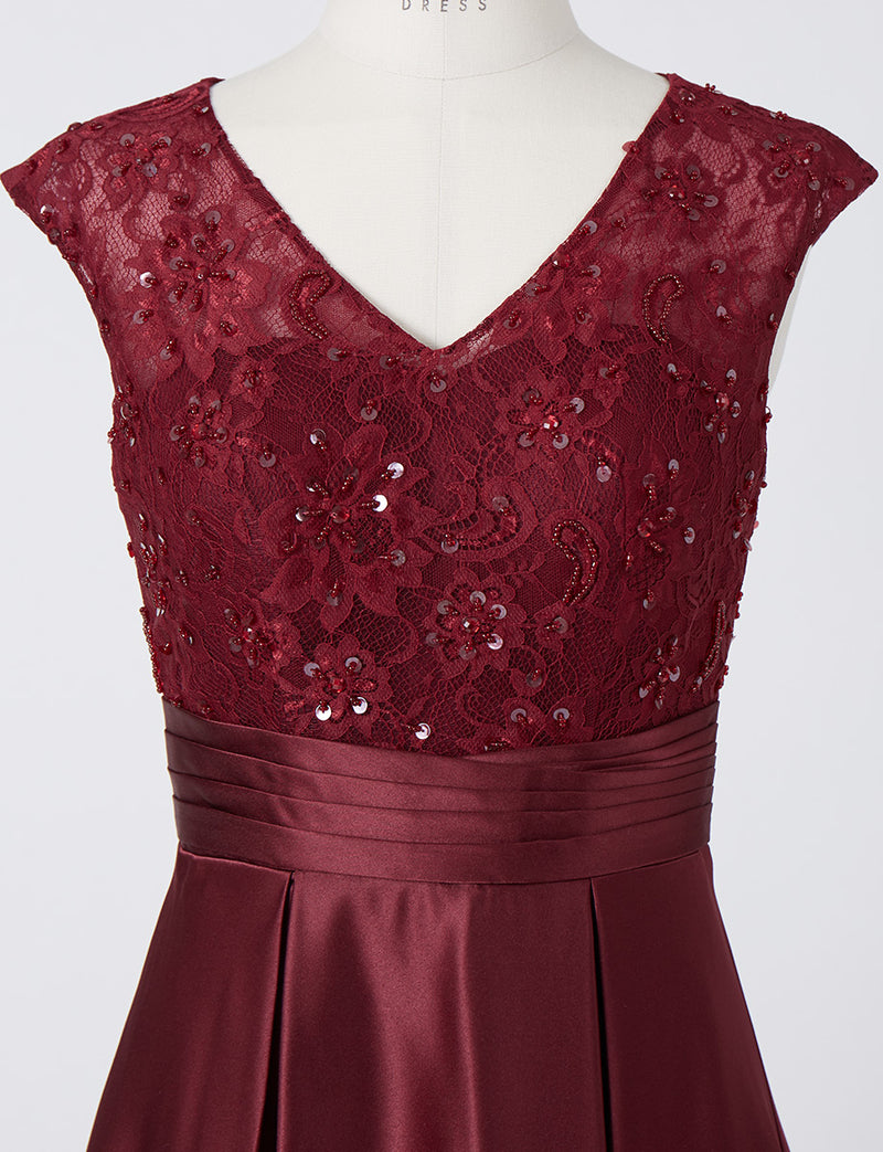 TWEED DRESS(ツイードドレス)のワインレッドロングドレス・サテン｜TD1812-WRDのトルソー上半身正面画像です。