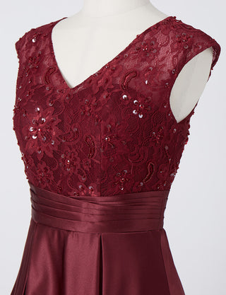 TWEED DRESS(ツイードドレス)のワインレッドロングドレス・サテン｜TD1812-WRDのトルソー上半身斜め画像です。