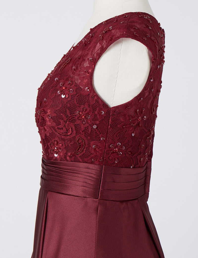 TWEED DRESS(ツイードドレス)のワインレッドロングドレス・サテン｜TD1812-WRDのトルソー上半身側面画像です。