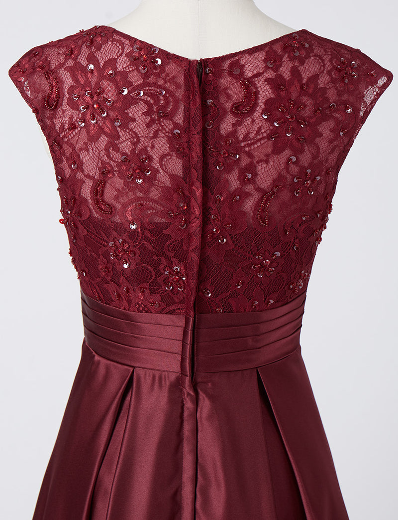 TWEED DRESS(ツイードドレス)のワインレッドロングドレス・サテン｜TD1812-WRDのトルソー上半身背面画像です。