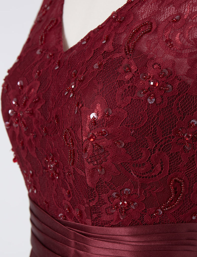 TWEED DRESS(ツイードドレス)のワインレッドロングドレス・サテン｜TD1812-WRDのトルソー上半身装飾拡大画像です。