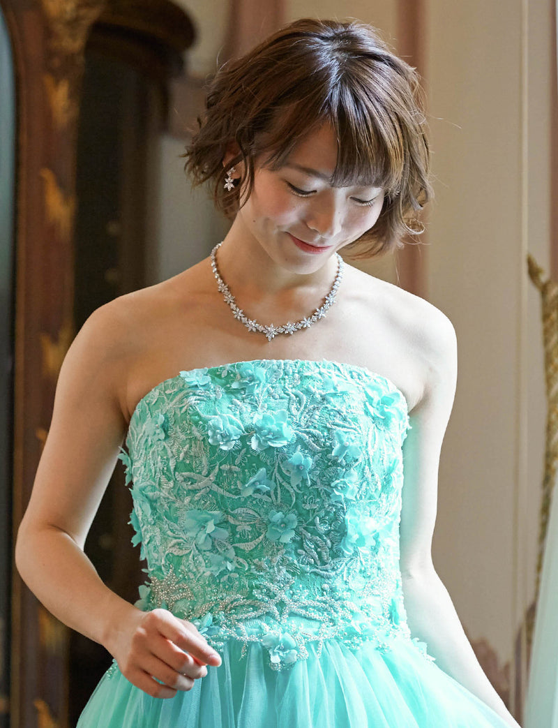 TWEED DRESS(ツイードドレス)のアクアミントロングドレス・チュール｜TD1813-AMTの上半身正面画像です。