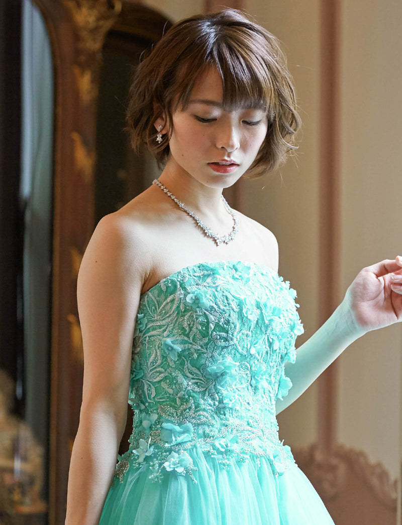 TWEED DRESS(ツイードドレス)のアクアミントロングドレス・チュール｜TD1813-AMTの上半身斜め画像です。