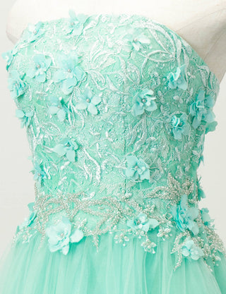 TWEED DRESS(ツイードドレス)のアクアミントロングドレス・チュール｜TD1813-AMTのトルソー上半身斜め画像です。