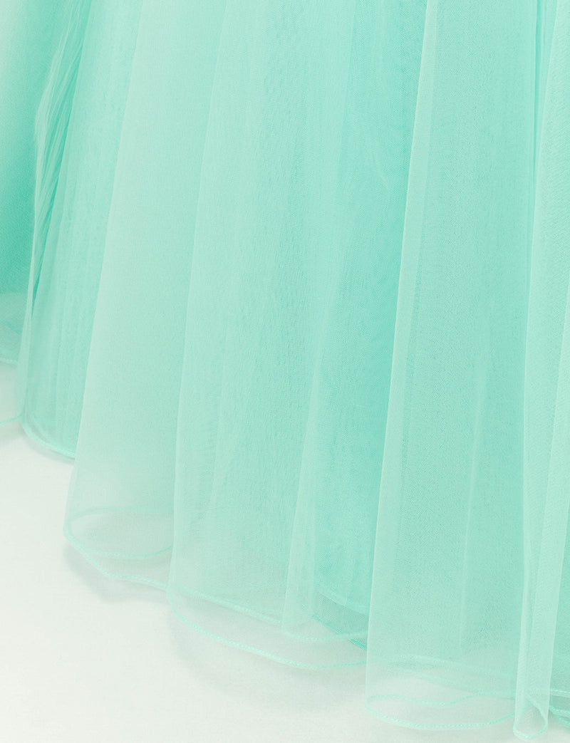 TWEED DRESS(ツイードドレス)のアクアミントロングドレス・チュール｜TD1813-AMTのスカート裾拡大画像です。