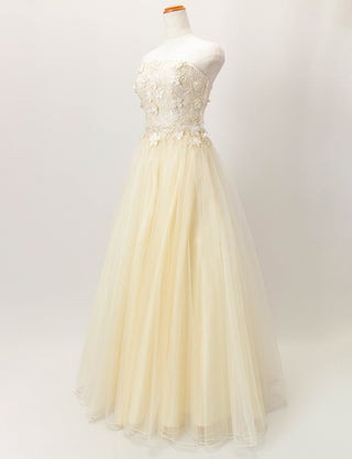 TWEED DRESS(ツイードドレス)のシャンパンロングドレス・チュール｜TD1813-CHAのトルソー全身斜め画像です。