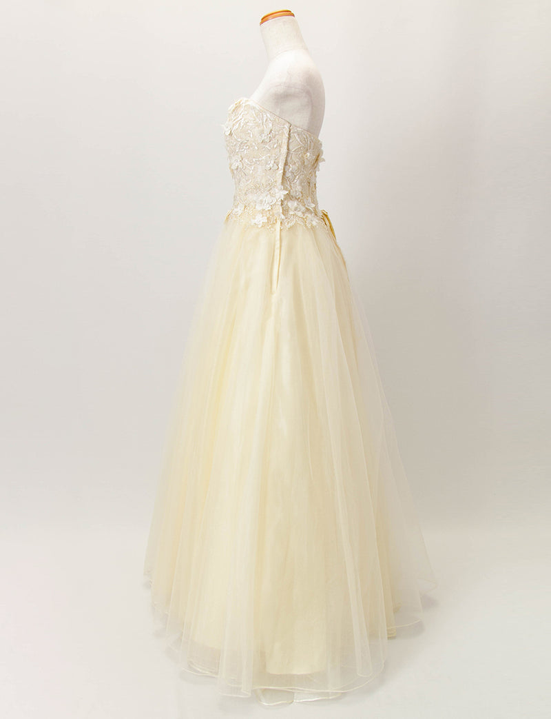 TWEED DRESS(ツイードドレス)のシャンパンロングドレス・チュール｜TD1813-CHAのトルソー全身側面画像です。