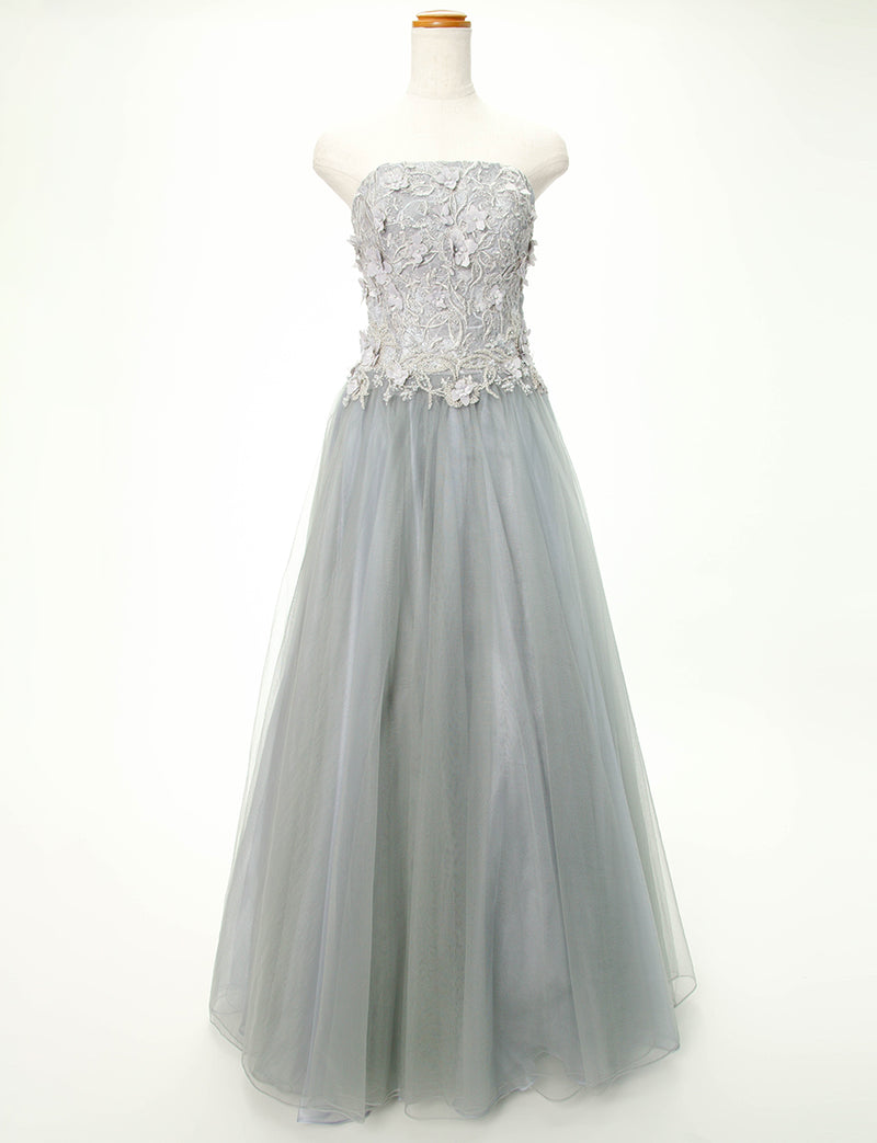 TWEED DRESS(ツイードドレス)のペールグレーロングドレス・チュール｜TD1813-PGYのトルソー全身正面画像です。