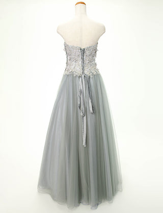 TWEED DRESS(ツイードドレス)のペールグレーロングドレス・チュール｜TD1813-PGYのトルソー全身背面画像です。