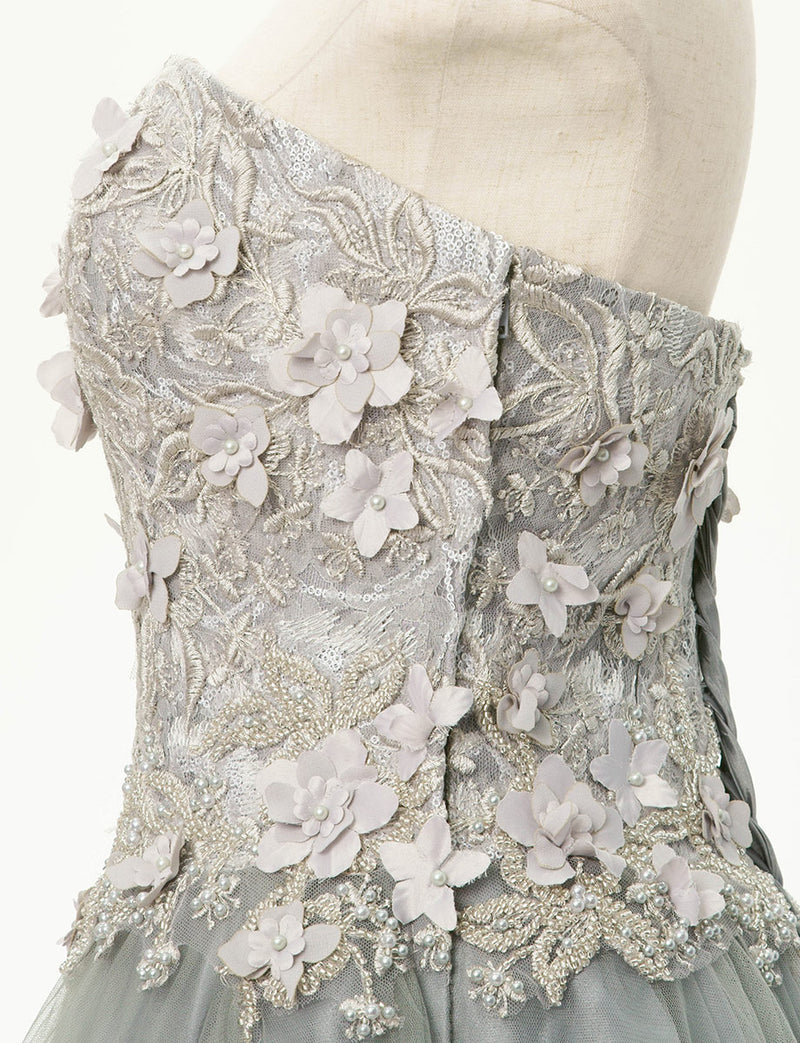 TWEED DRESS(ツイードドレス)のペールグレーロングドレス・チュール｜TD1813-PGYのトルソー上半身側面画像です。