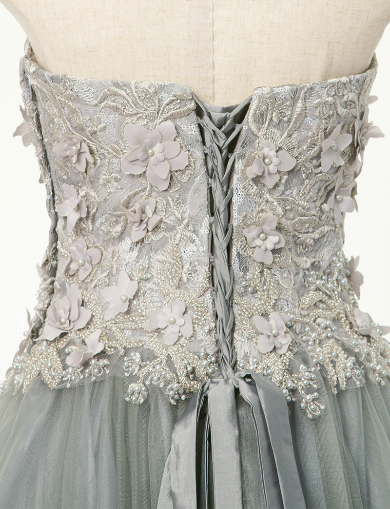 TWEED DRESS(ツイードドレス)のペールグレーロングドレス・チュール｜TD1813-PGYのトルソー上半身背面画像です。