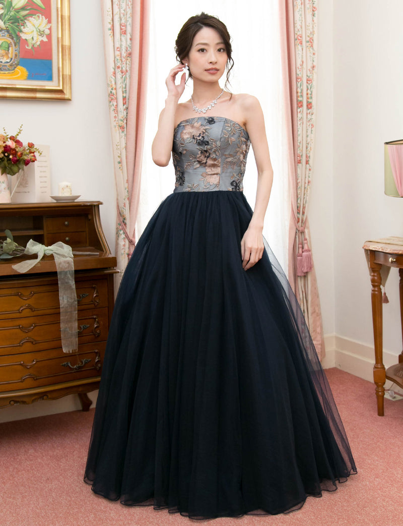 TWEED DRESS(ツイードドレス)のダークネイビーロングドレス・チュール｜TD1819-1-DNYの全身正面画像です。