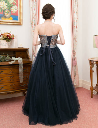 TWEED DRESS(ツイードドレス)のダークネイビーロングドレス・チュール｜TD1819-1-DNYの全身背面画像です。