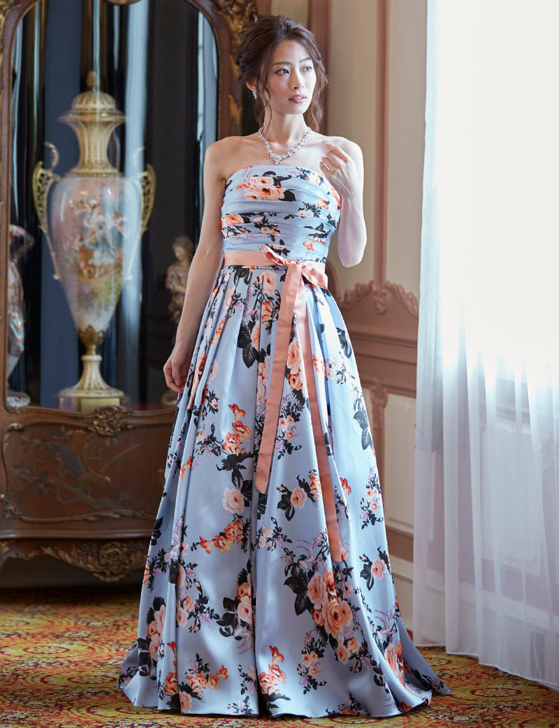 TWEED DRESS(ツイードドレス)のライトブルーロングドレス・サテン｜TD1821-LBLの全身正面画像です。