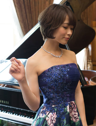 TWEED DRESS(ツイードドレス)のネイビーロングドレス・チュール/ツイルサテン｜TD1827-NYの上半身斜め画像です。