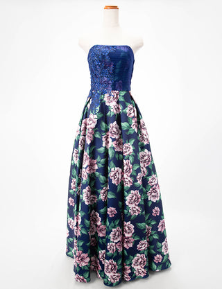 TWEED DRESS(ツイードドレス)のネイビーロングドレス・チュール/ツイルサテン｜TD1827-NYのトルソー全身正面画像です。