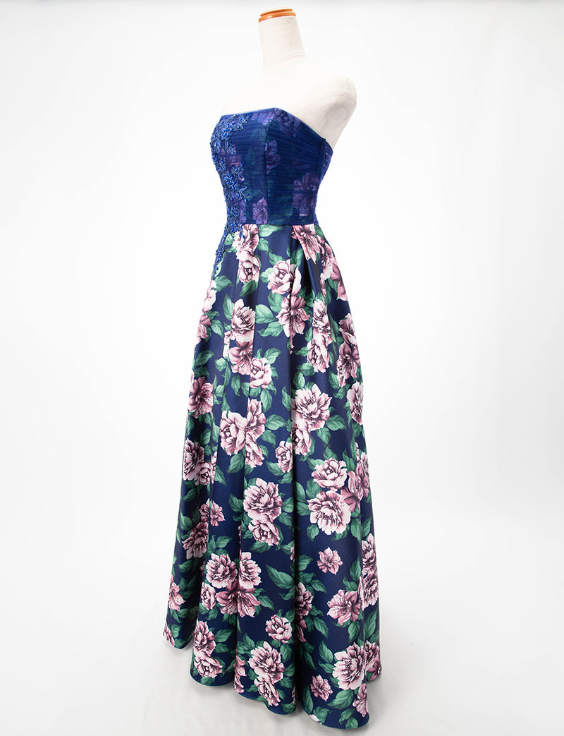 TWEED DRESS(ツイードドレス)のネイビーロングドレス・チュール/ツイルサテン｜TD1827-NYのトルソー全身斜め画像です。