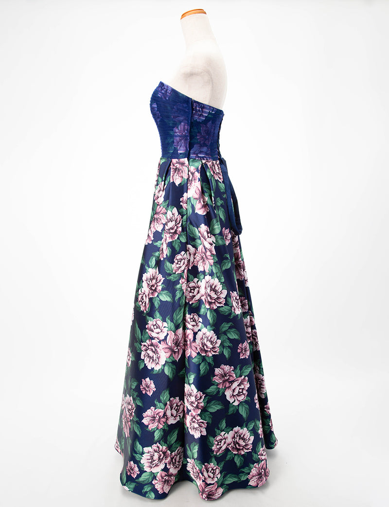 TWEED DRESS(ツイードドレス)のネイビーロングドレス・チュール/ツイルサテン｜TD1827-NYのトルソー全身側面画像です。
